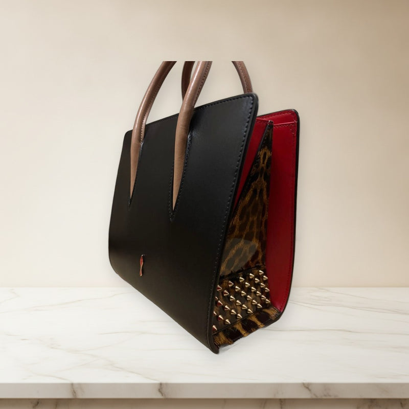 Christian Louboutin Paloma Handbag Leopard Print Studs Leather Black Red