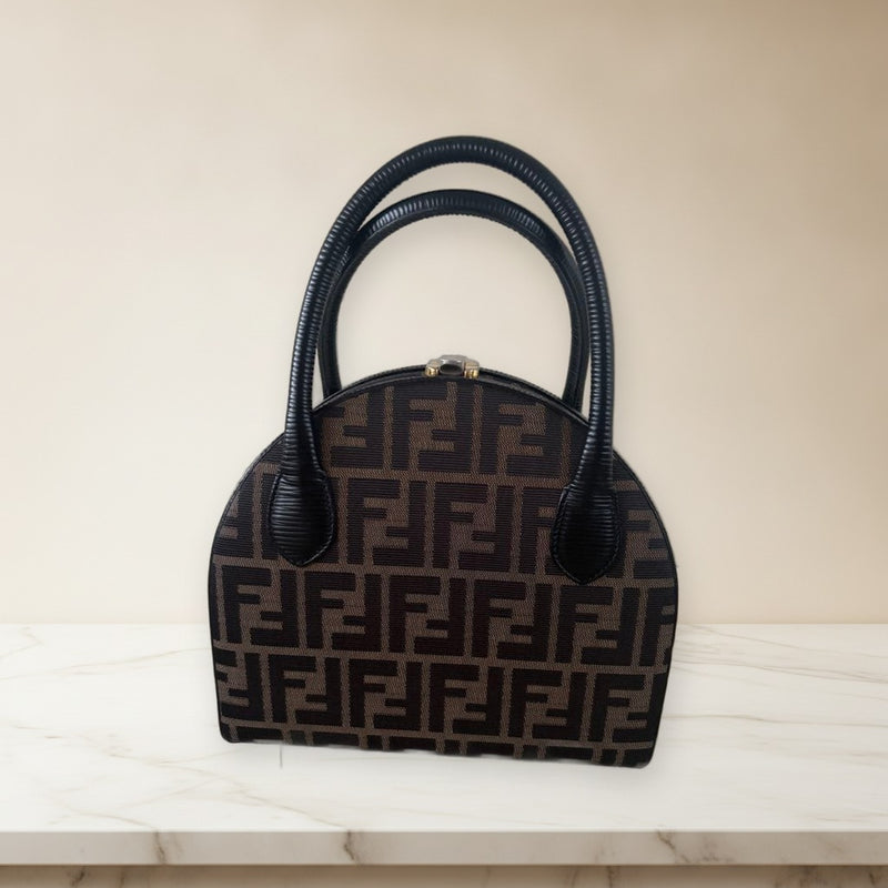 Fendi Ff Logo Handbag Tote Shoulder Bag Brown Black Gold Hardware