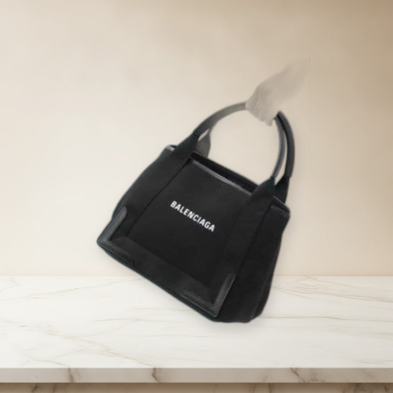 Balenciaga Navy Cabas S 339933 Tote Bag Black Leather Canvas