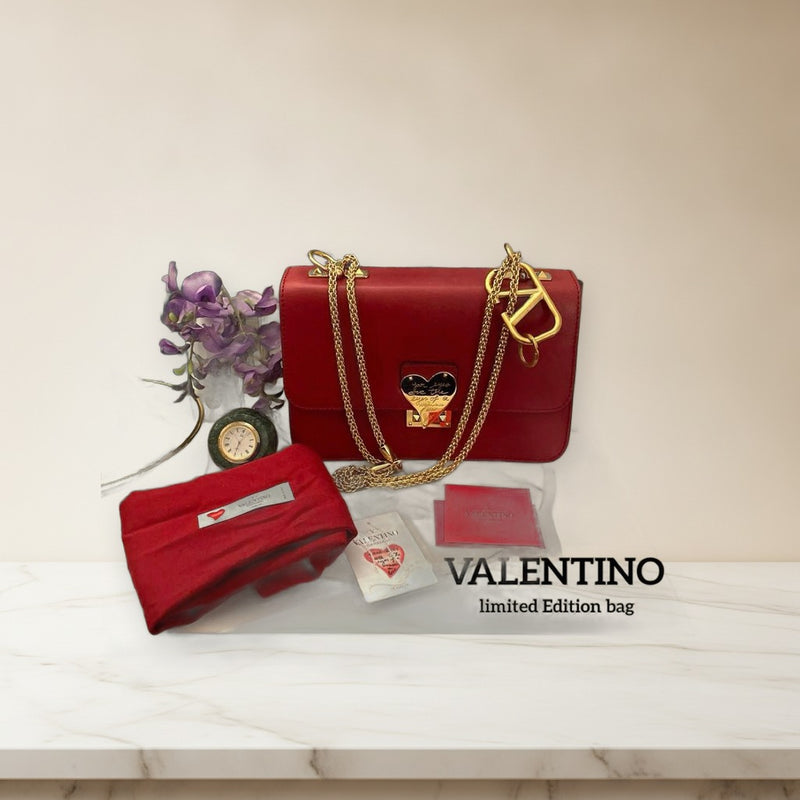 Lamour Heart Lock Shoulder Bag Red Lambskin Gold Studs
