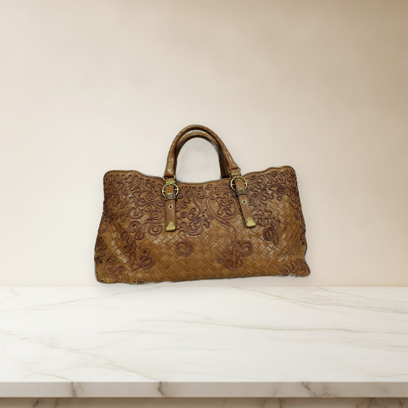 Bottega Veneta Intrecciato Handbag Leather Brown Gold Hardware Double Handle