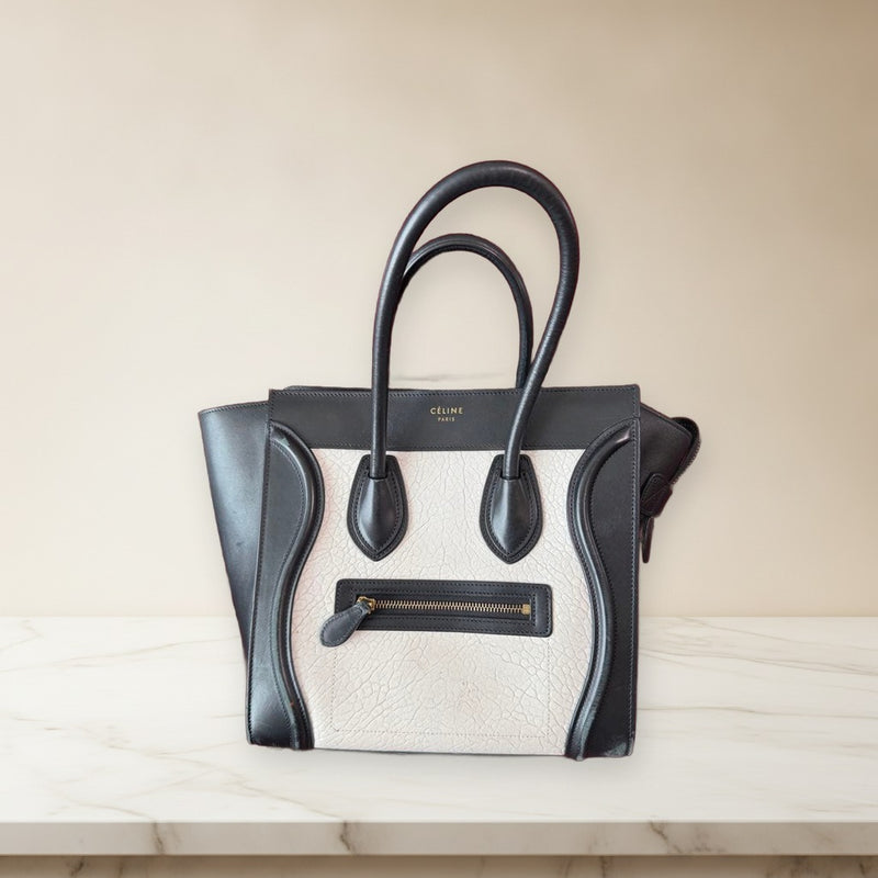 Celine Luggage Handbag White Black Leather Gold Hardware Tote Bag