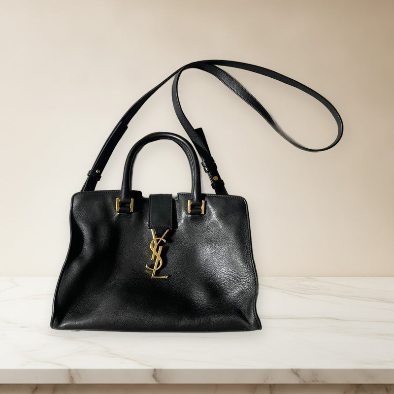 Ysl Saint Laurent Baby Cabas Shoulder Bag Black Leather Metal Fittings
