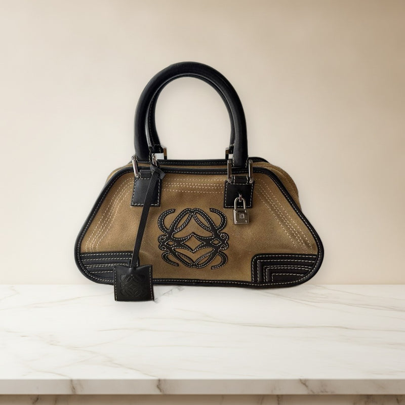 Loewe Handbag Suede Leather Brown Key Lock Purse Contrast Stitching