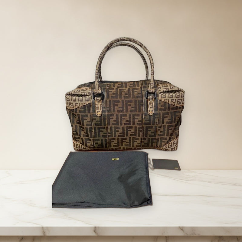 Fendi Zucchino 8BL097 Boston Handbag Canvas Pvc Brown Beige