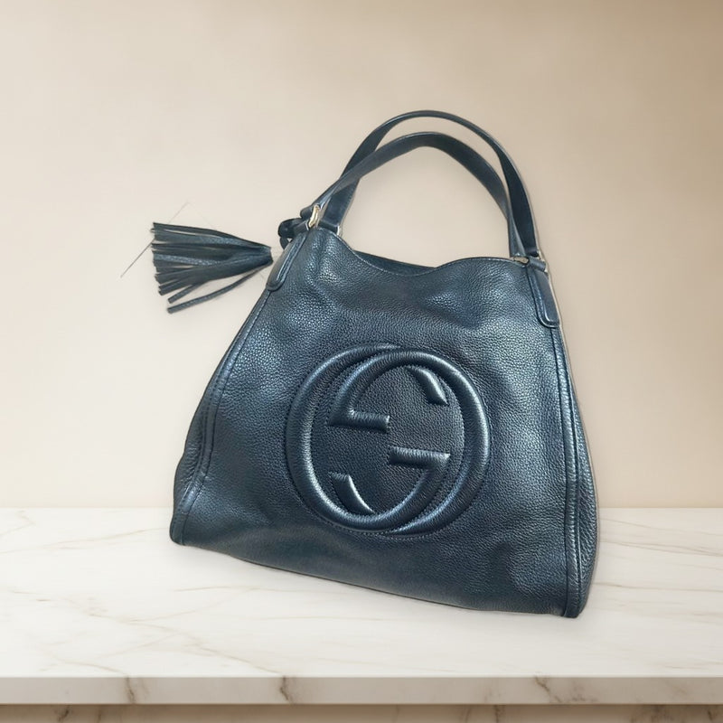Gucci Logo Print Studded Handbag Black Leather Tote Shoulder Bag