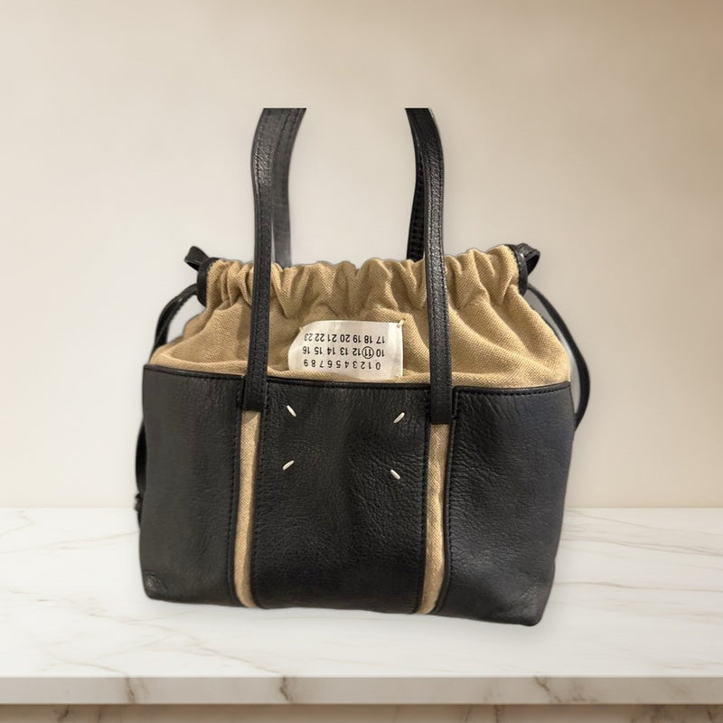 Maison Margiela Numeric Signature Drawstring Bag Black Leather Canvas