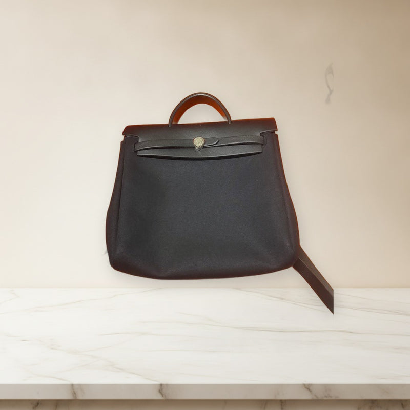 Hermes Herbag Backpack Canvas Black Shoulder Bag Handbag