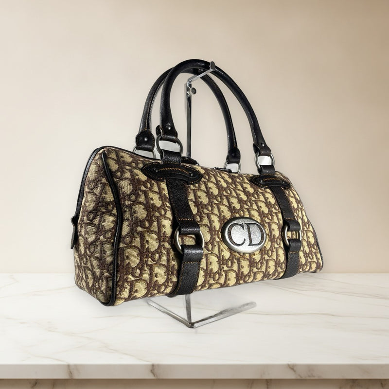 Christian Dior Trotter Boston Handbag Canvas Leather Cd Logo