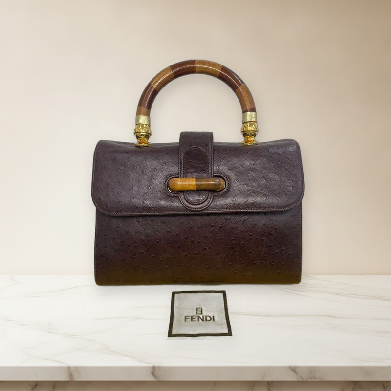 Fendi Ostrich Handbag Pecan Wood Handle Shoulder Bag Womens