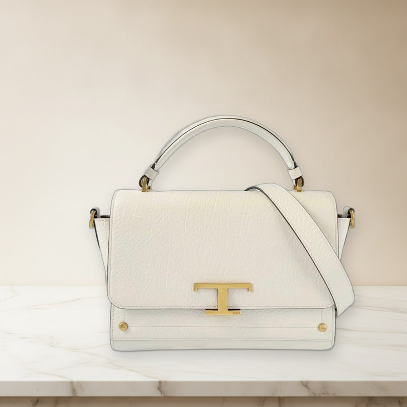 Tods T Timeless Handbag Shoulder Bag 2-Way Crossbody Leather White Ivory