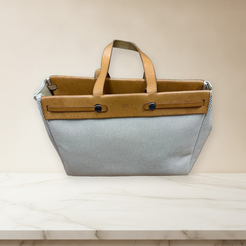 Hermes Herbag Cabas Tote Bag Canvas Leather Natural Shoulder Handbag