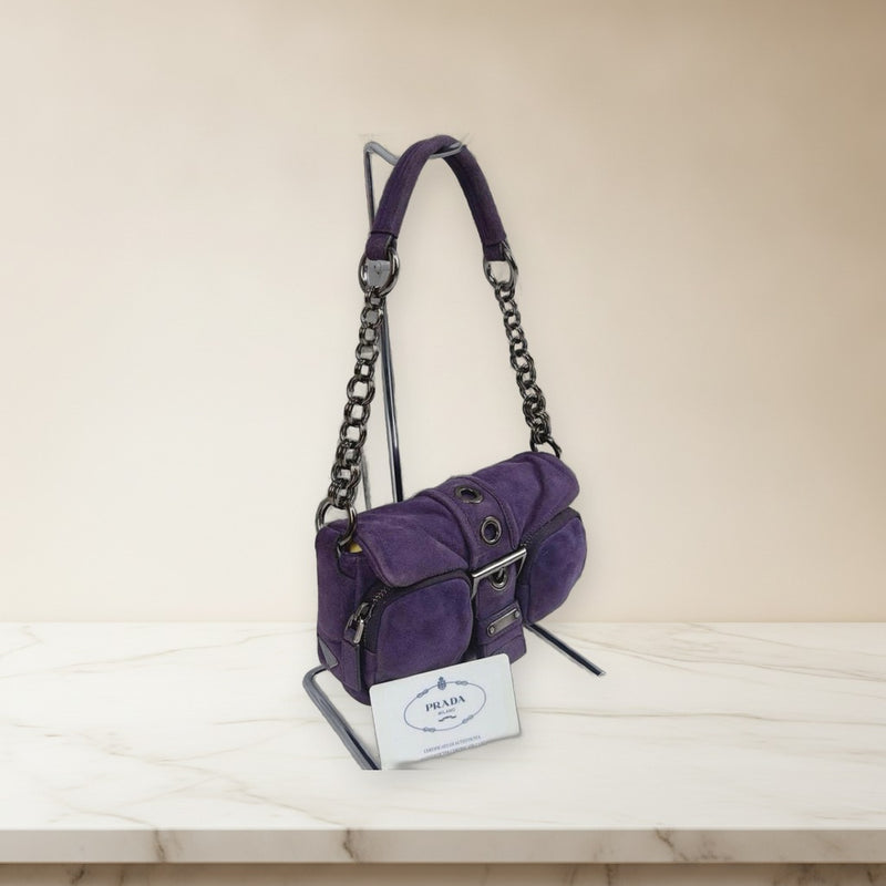 Prada Triangle Logo Chain Shoulder Bag Suede Purple