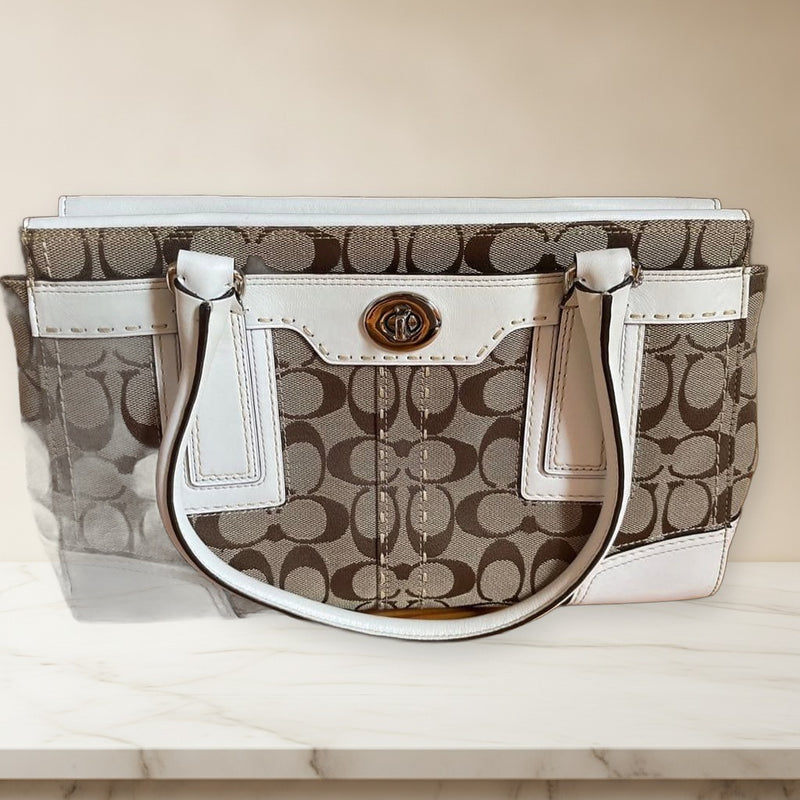 Coach Handbag Tote Brown White Leather Shoulder Bag