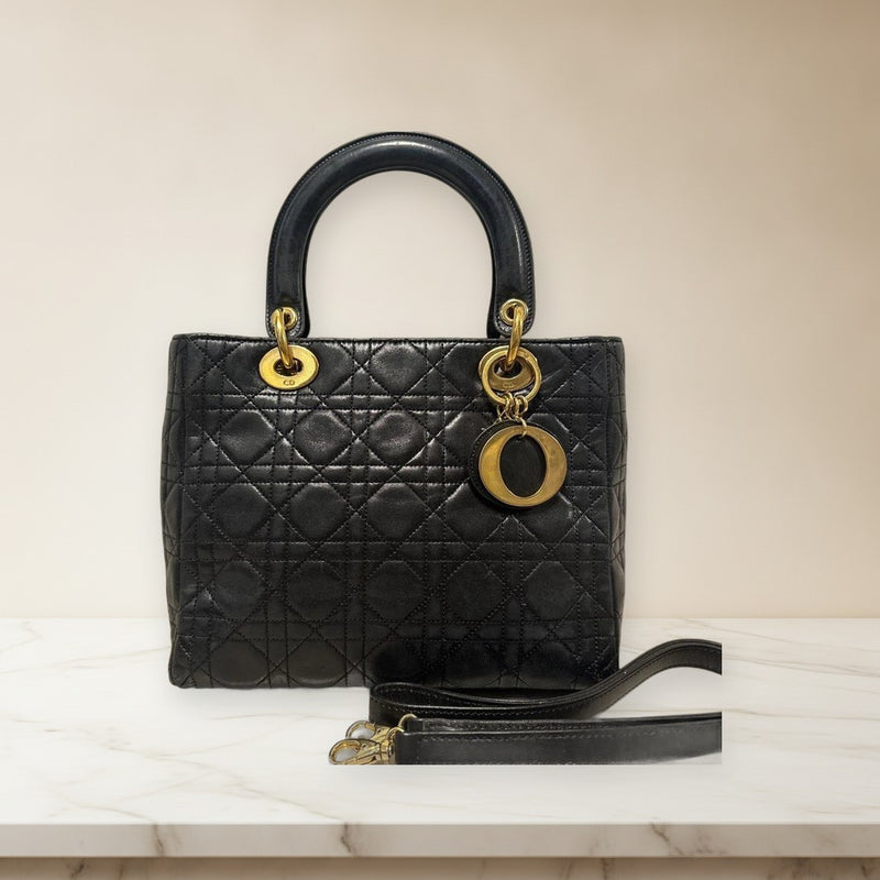 Lady Dior Handbag Black Leather 2-Way Shoulder Bag