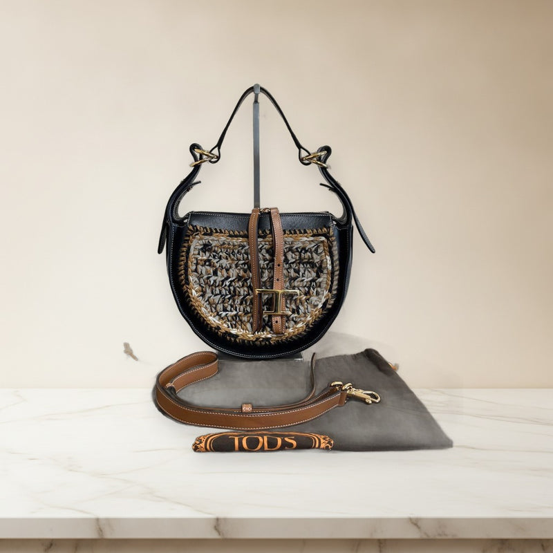 Tods T Timeless Hobo Handbag 2-Way Shoulder Bag Black