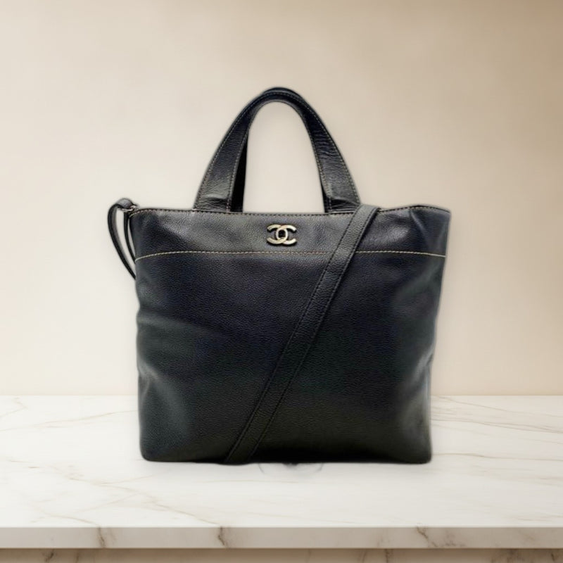 Chanel Caviar Skin Turnlock 2WAY Shoulder Bag Handbag Leather Black