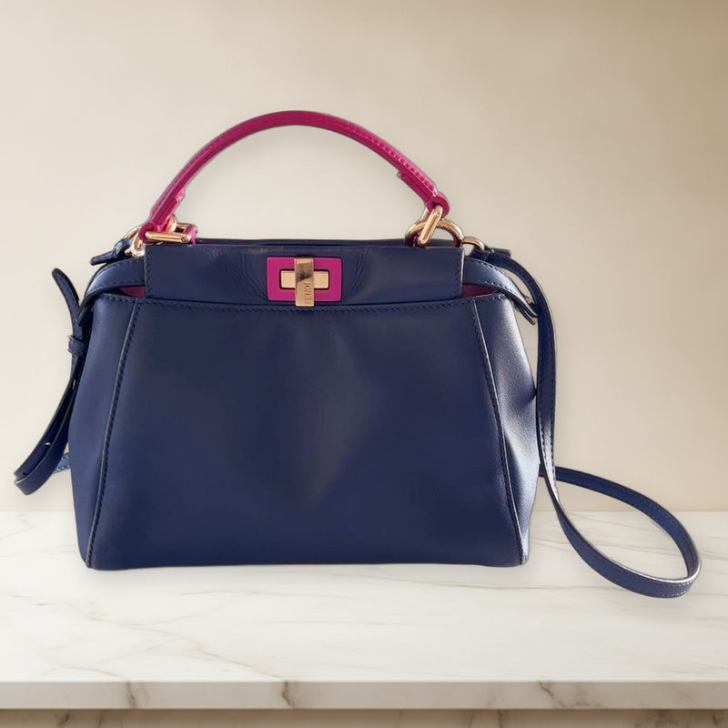 Fendi Peekaboo Handbag Shoulder Bag Leather Navy Pink Gold Hardware