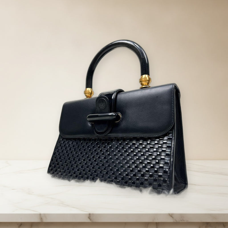 Fendi Intrecciato Top Handle Bag Leather Black Gold Hardware
