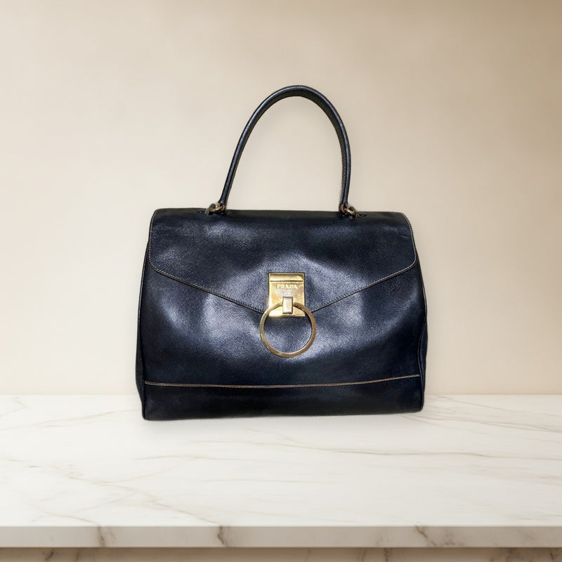 Prada Saffiano Leather Flap Handbag Navy Gold Hardware