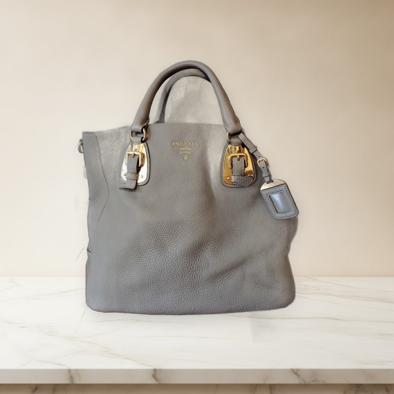 Prada Handbag Shoulder Bag Tote Gray Leather Milano Logo