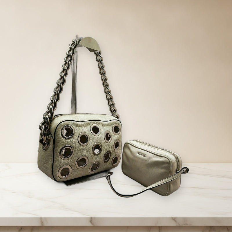 Prada Grommet Punching Chain Handbag Shoulder Bag Leather White