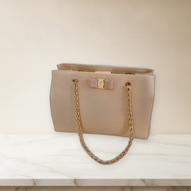Salvatore Ferragamo Vara Shoulder Crossbody Bag Leather Beige