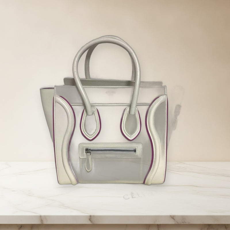 Celine Micro Luggage Handbag Tote Bag Leather White Pink