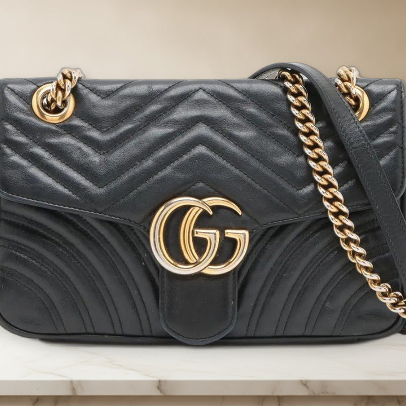 Gucci Quilted Handbag Shoulder Bag Black Leather Gold Hardware
