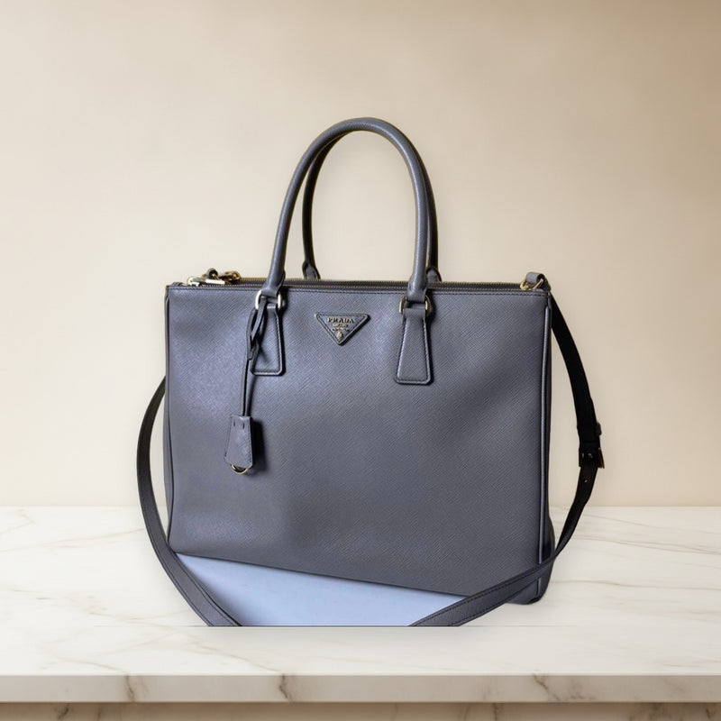 Prada Handbag Shoulder Bag Tote Leather Argilla Gray Metal Fittings