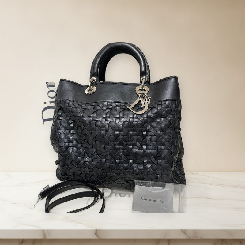 Lady Dior 2-way Handbag Braided Shoulder Strap Black Leather