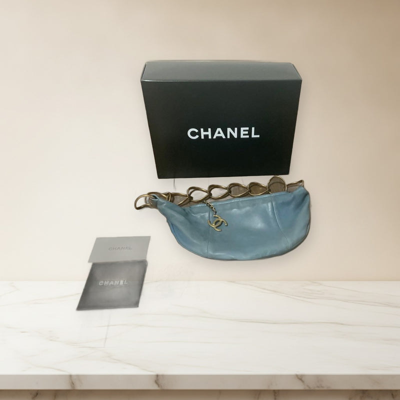 Chanel Handbag Light Blue Leather Gold Chain Tote Shoulder Bag