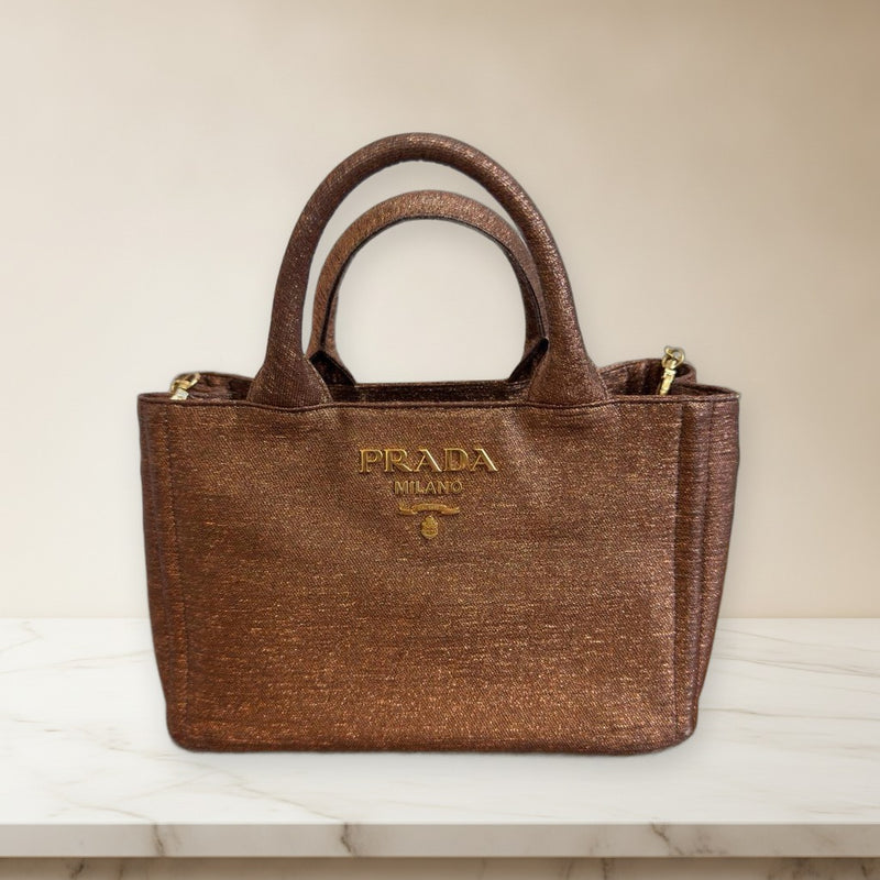 Prada Canapa Chain Bag Shoulder Bag Gold Lame Canvas Leather