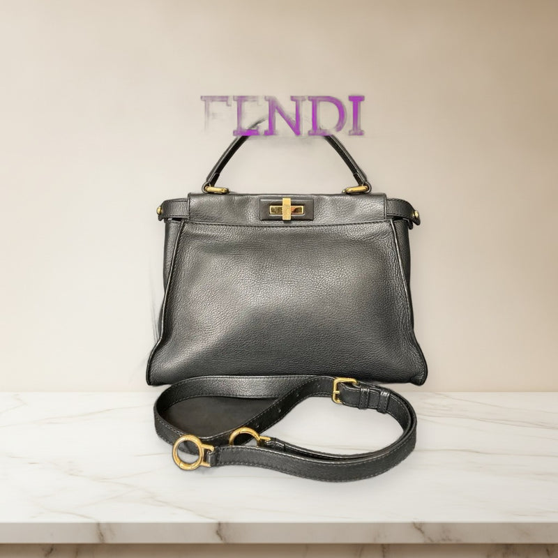Fendi Peekaboo 2way Shoulder Handbag Black Leather Crossbody Bag