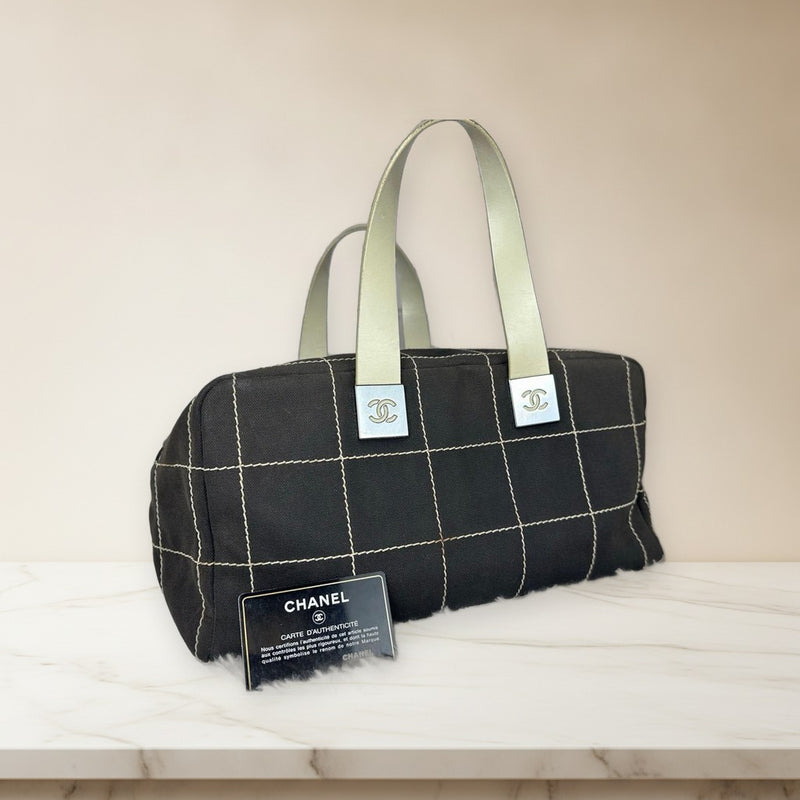 Chanel Chocolate Bar Boston Bag Canvas Leather Black White Handbag Silver