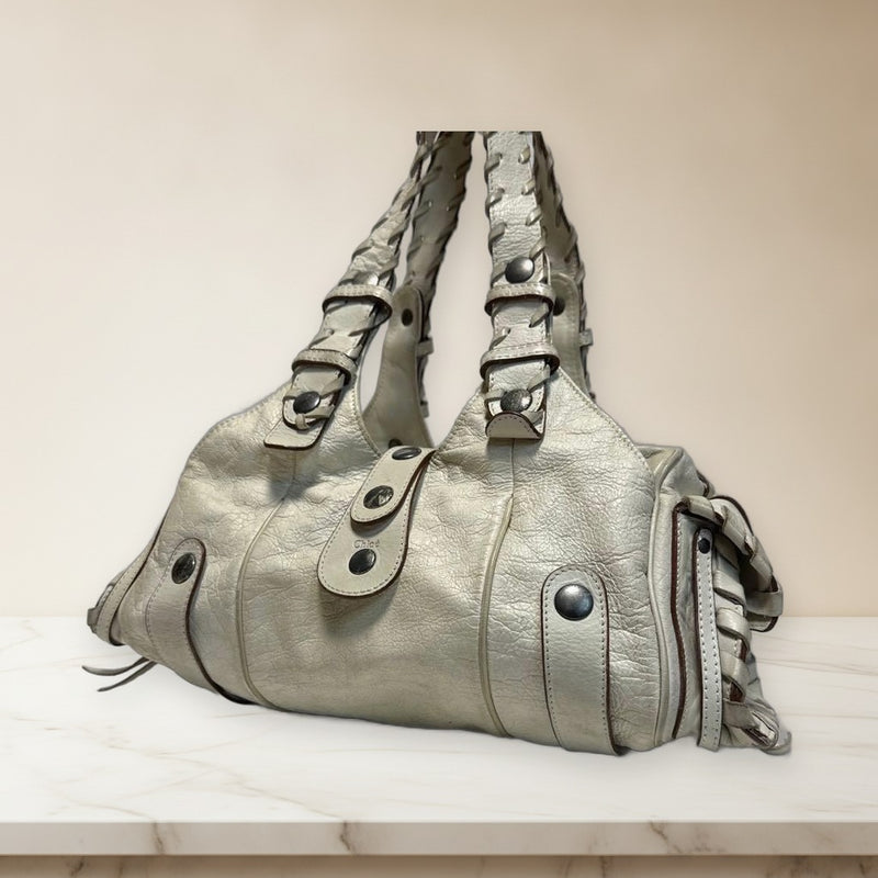 Chloe Silverado Tote Handbag Leather White Silver Hardware