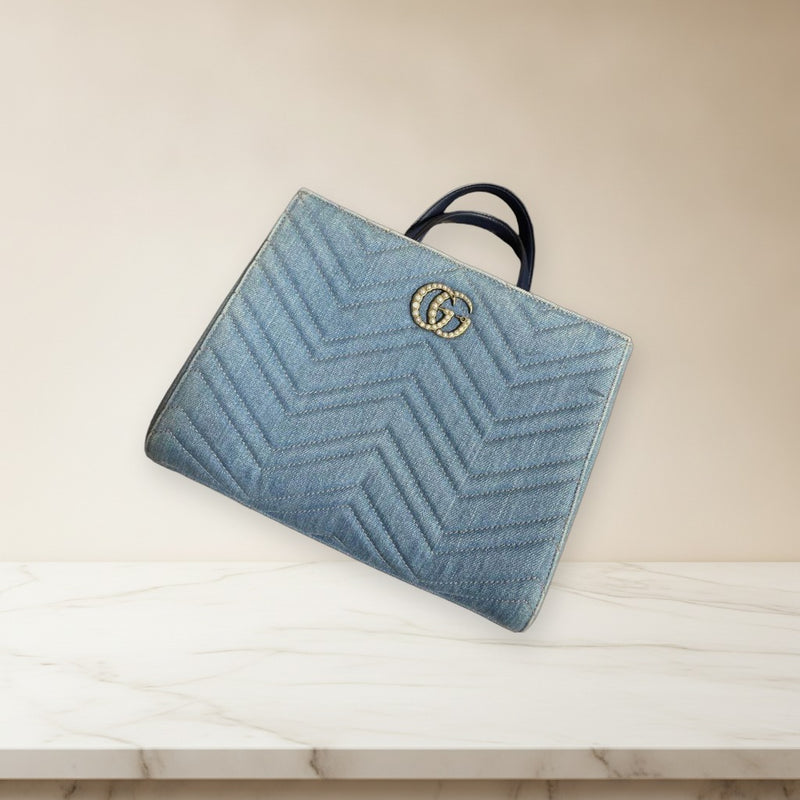 Gucci Gg Marmont Tote Bag Denim Leather Blue Gold Hardware
