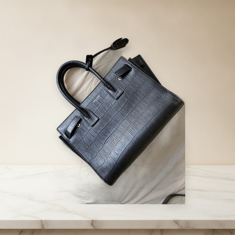 Saint Laurent Sac De Jour Baby Handbag Leather Black Crocodile Embossed