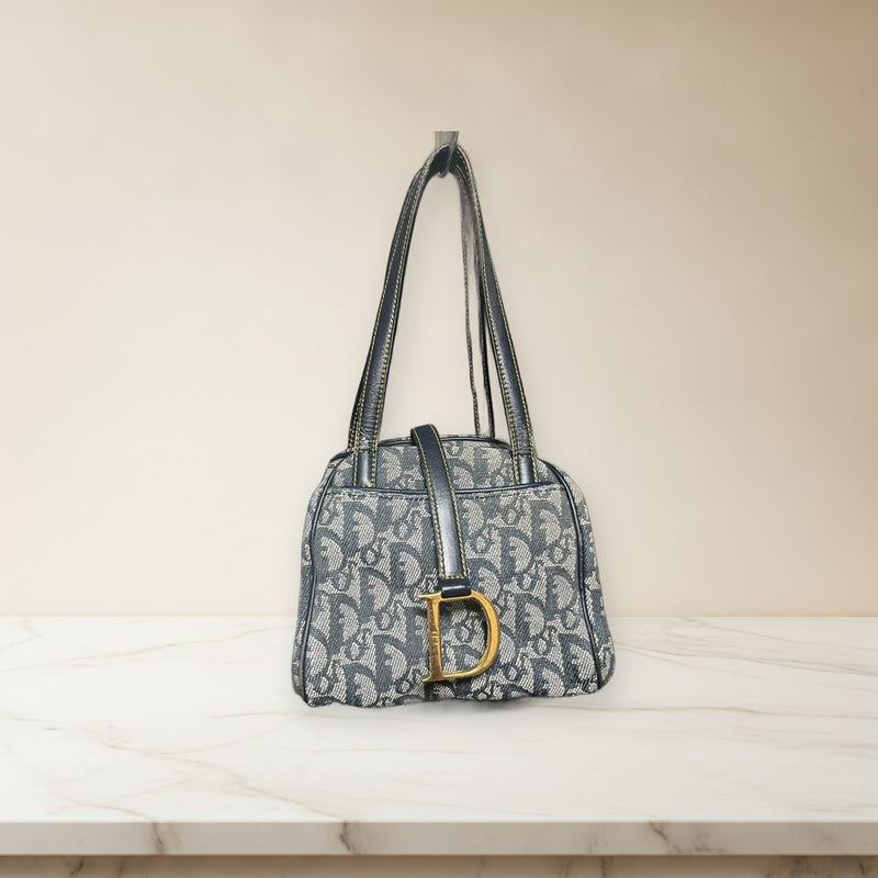 Dior Trotter Handbag Canvas Navy Gray Logo Hardware