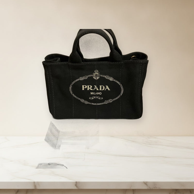 Prada Black Canvas Handbag Tote Shoulder Bag