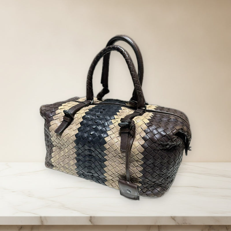 Bottega Veneta Boston Bag Handbag Woven Leather Beige Brown Black Multicolor