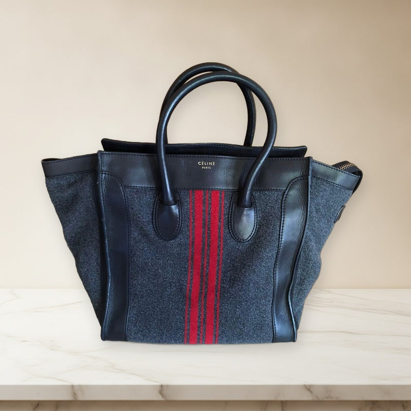 Celine Luggage Micro Shopper Handbag Felt Leather Black Gray Red