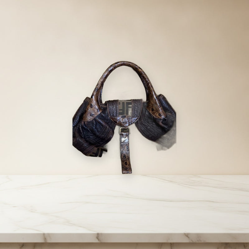 Fendi Zucchino Spy Bag Shoulder Handbag Canvas Leather Dark Brown