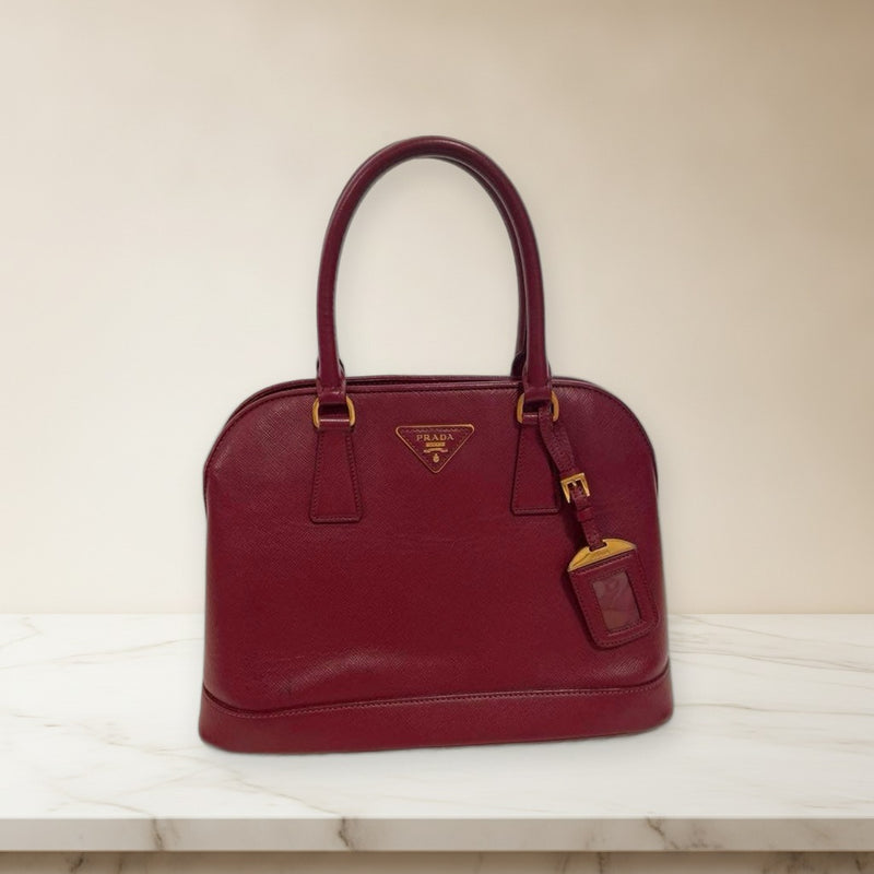 Prada Saffiano 2-Way Handbag Burgundy Leather Detachable Shoulder Strap