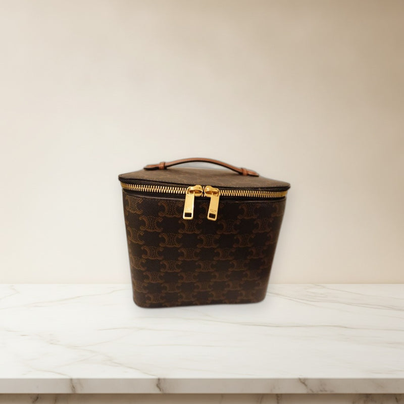 Celine Triomphe 4M0942CZJ Square Vanity Case Bag Canvas Calfskin Brown