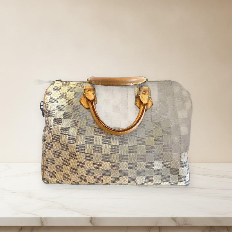 Louis Vuitton Damier Handbag Tote Bag Canvas Beige Brown Leather