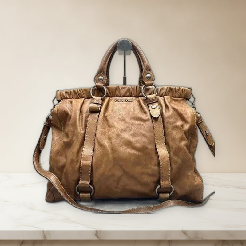 Miu Miu Vitello Lux Hand Shoulder Bag Brown Leather