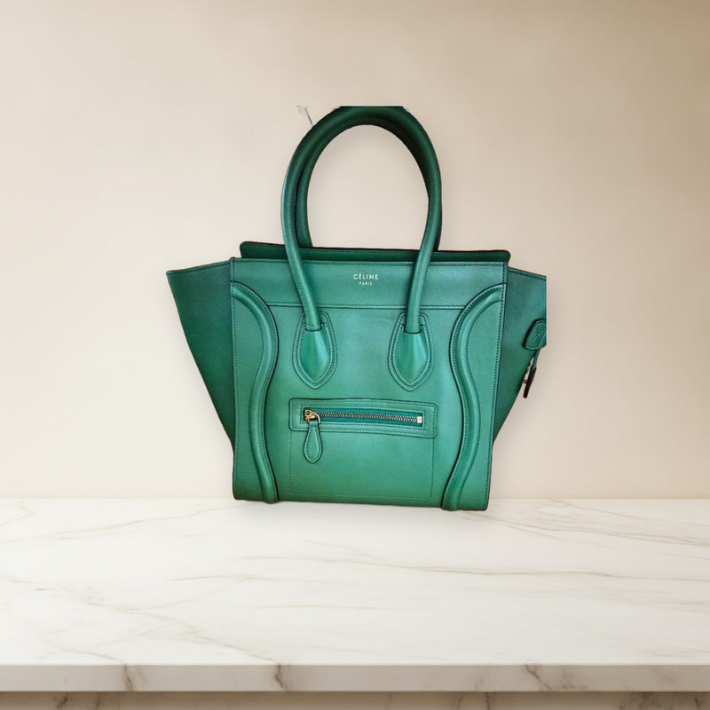 Celine Luggage Micro Tote Bag Leather Green Handbag Gold Hardware