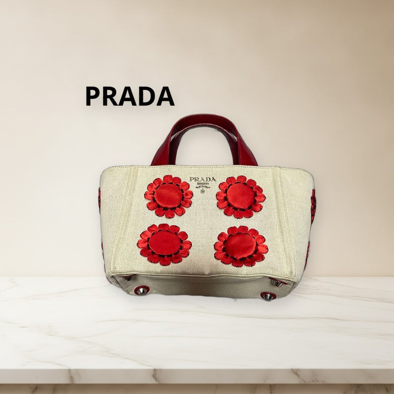 Prada Floral Motif Tote Bag Canvas Beige Red Handbag