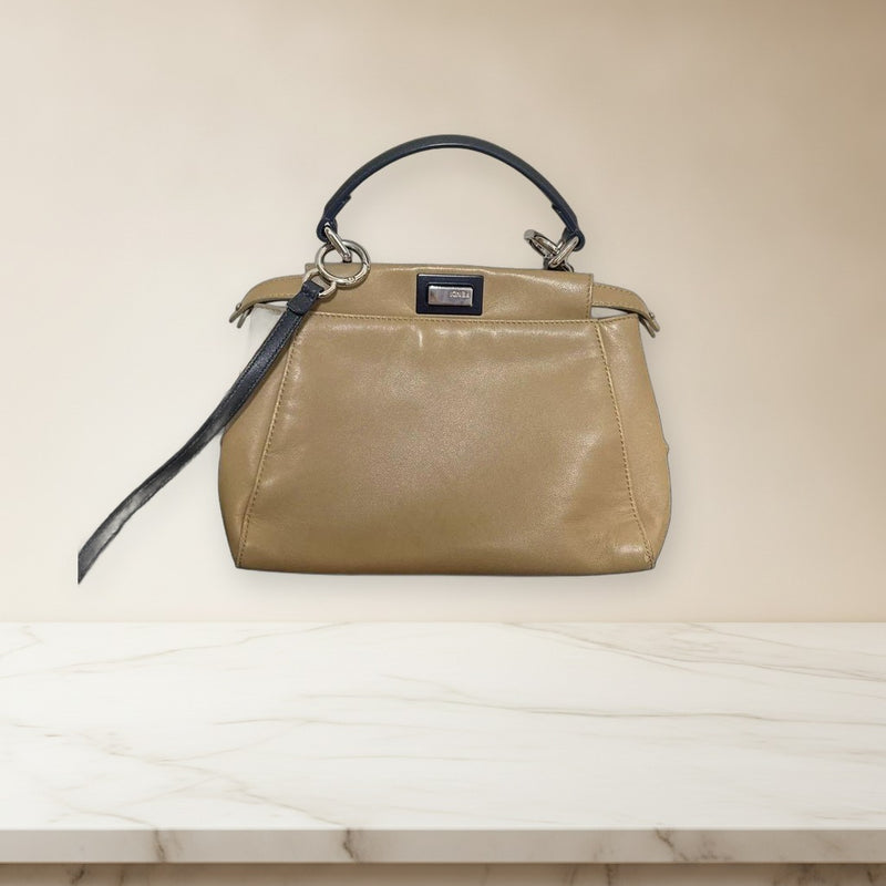 Fendi Mini Peekaboo Handbag Shoulder Bag Crossbody Leather Beige
